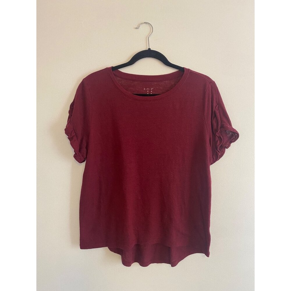 A New Day Linen Blend Burgundy Ruffle-Sleeve Women's Top Size M